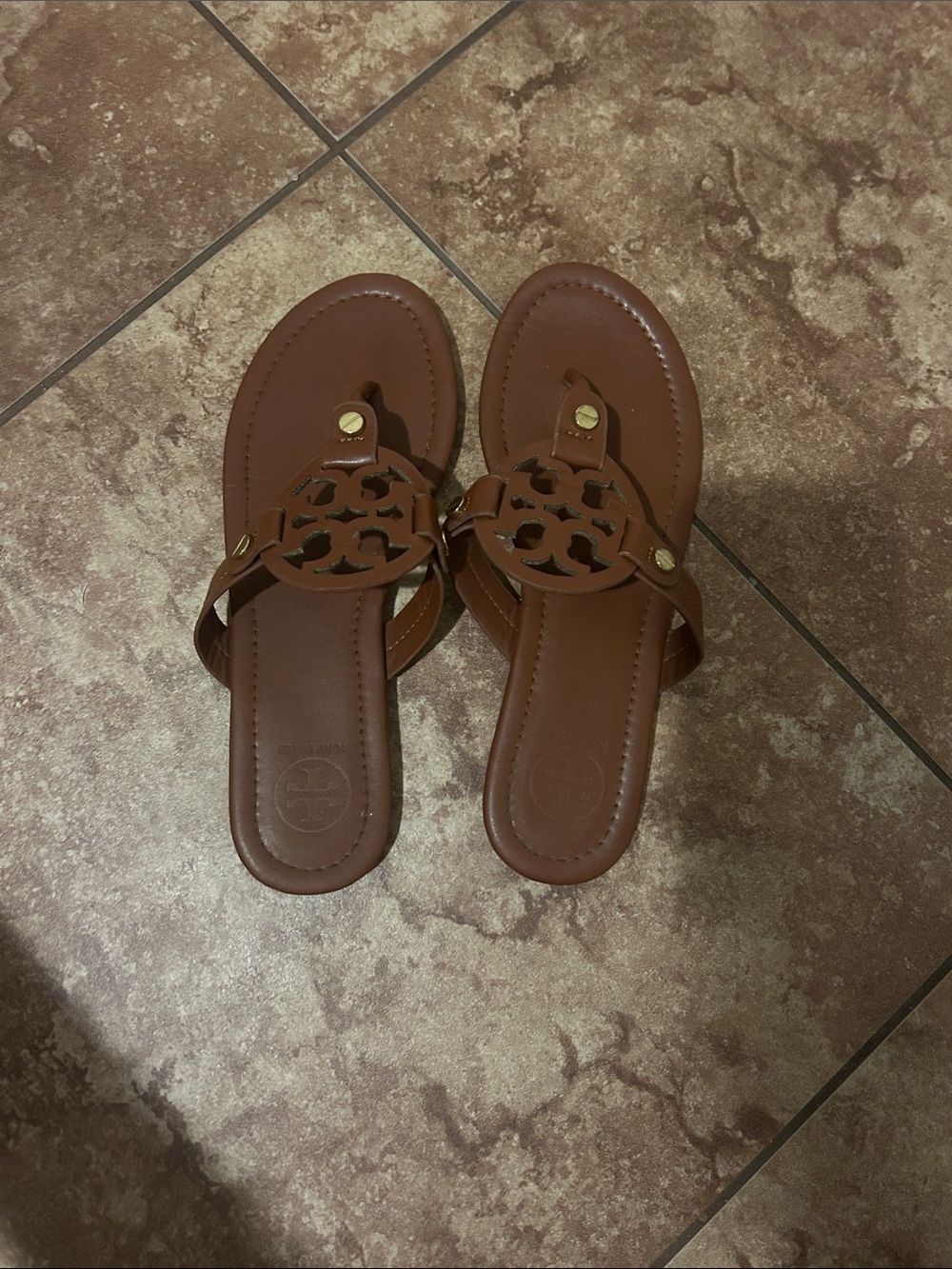 Tory Burch Brown Leather Logo Slide Sandals